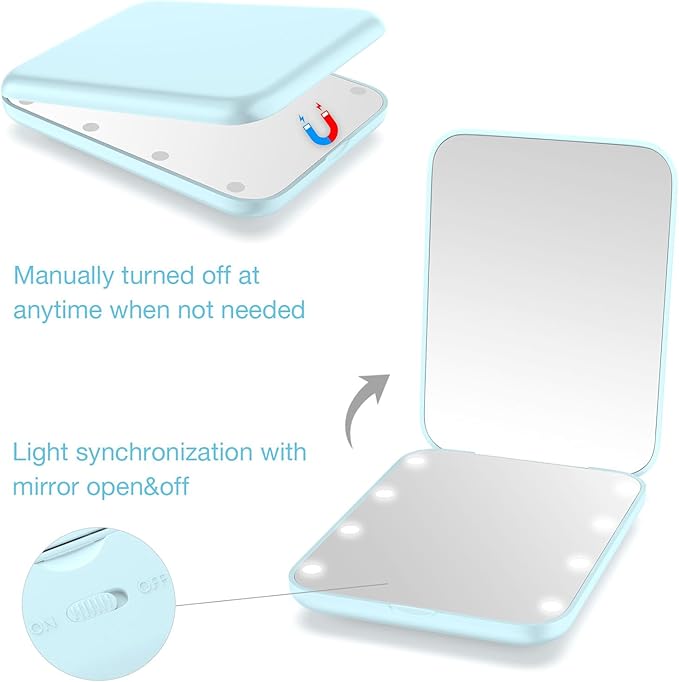 WOBSION Small Mirror with Lights,LED Compact Makeup Mirror,1x/3x Mini Travel Mirror with Magnification,Portable for Purse,Pocket,Gifts for Girls,Blue