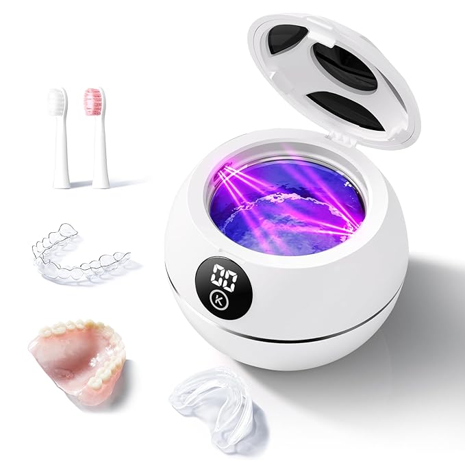 Kingwell 45KHz Ultrasonic Retainer Cleaner Machine, 230ML Denture Cleaner for Retainer, Mouth Guard, Aligner, Toothbrush Head, Dental Cleaning Pod with Digital Timer, FSA HSA Approved (White)