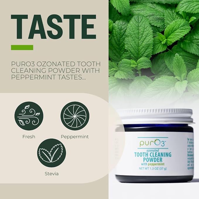 PurO3 Ozonated Toothpaste Powder – Fluoride Free Organic Remineralizing Tooth & Gum Cleaning – Natural Teeth Whitening & Plaque Remover – Ozone Infused Coconut Oil Dental Care with Peppermint, 37g