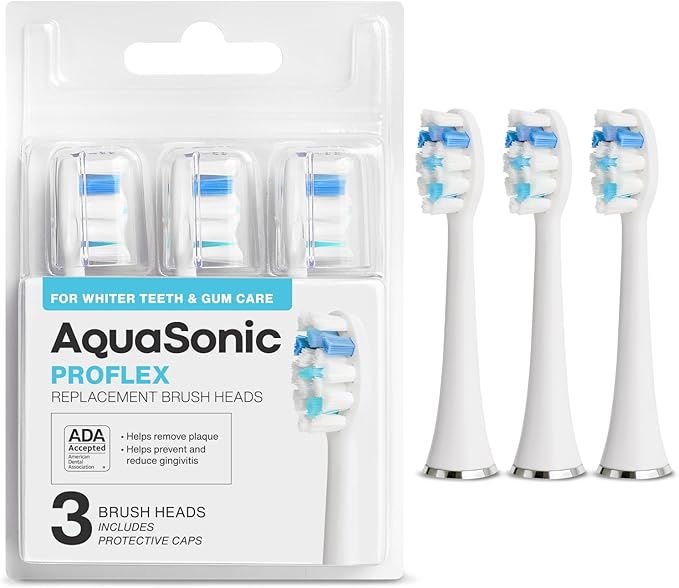 AquaSonic Genuine Proflex Replacement Brush Heads | ADA Accepted | for Whiter Teeth & Gum Care | Compatible with Many AquaSonic Toothbrush Handles (3 Pack White)