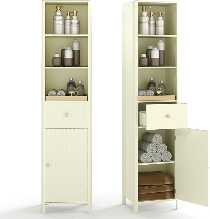 Tangkula 67" Tall Bathroom Cabinet, Narrow Floor Cabinet w/Fluted Door, 3 Open Shelves & 1 Drawer, Freestanding Storage Organizer w/Adjustable Shelf & Anti-tip Kit for Kitchen, Living Room (Beige)