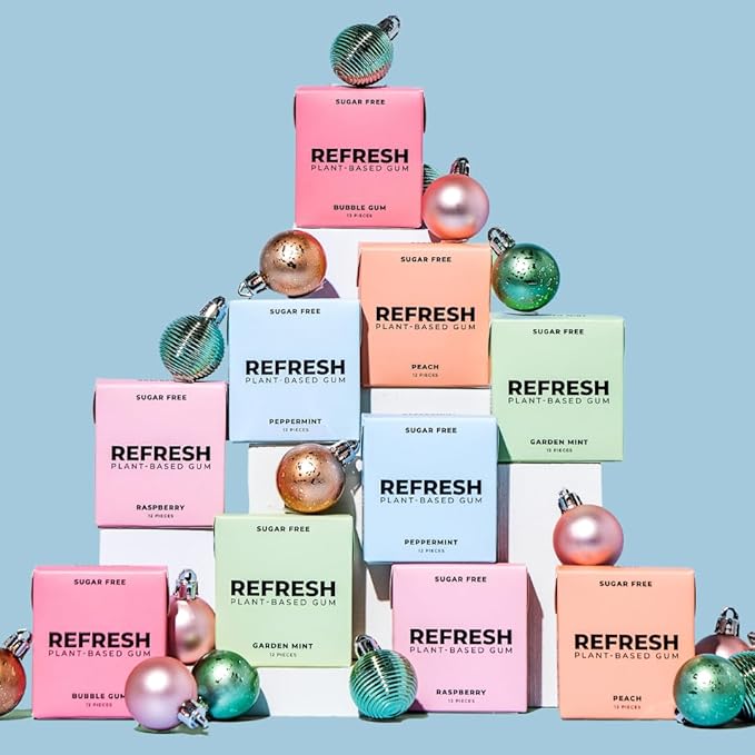 Refresh Gum, Xylitol, Natural, Sugar Free, Plastic Free, Natural Flavors & Organic Ingredients, Plant-Based, Low Calorie, Non GMO, Gluten Free, Vegan, Raspberry Flavor, 12 Pcs, 12 Pack