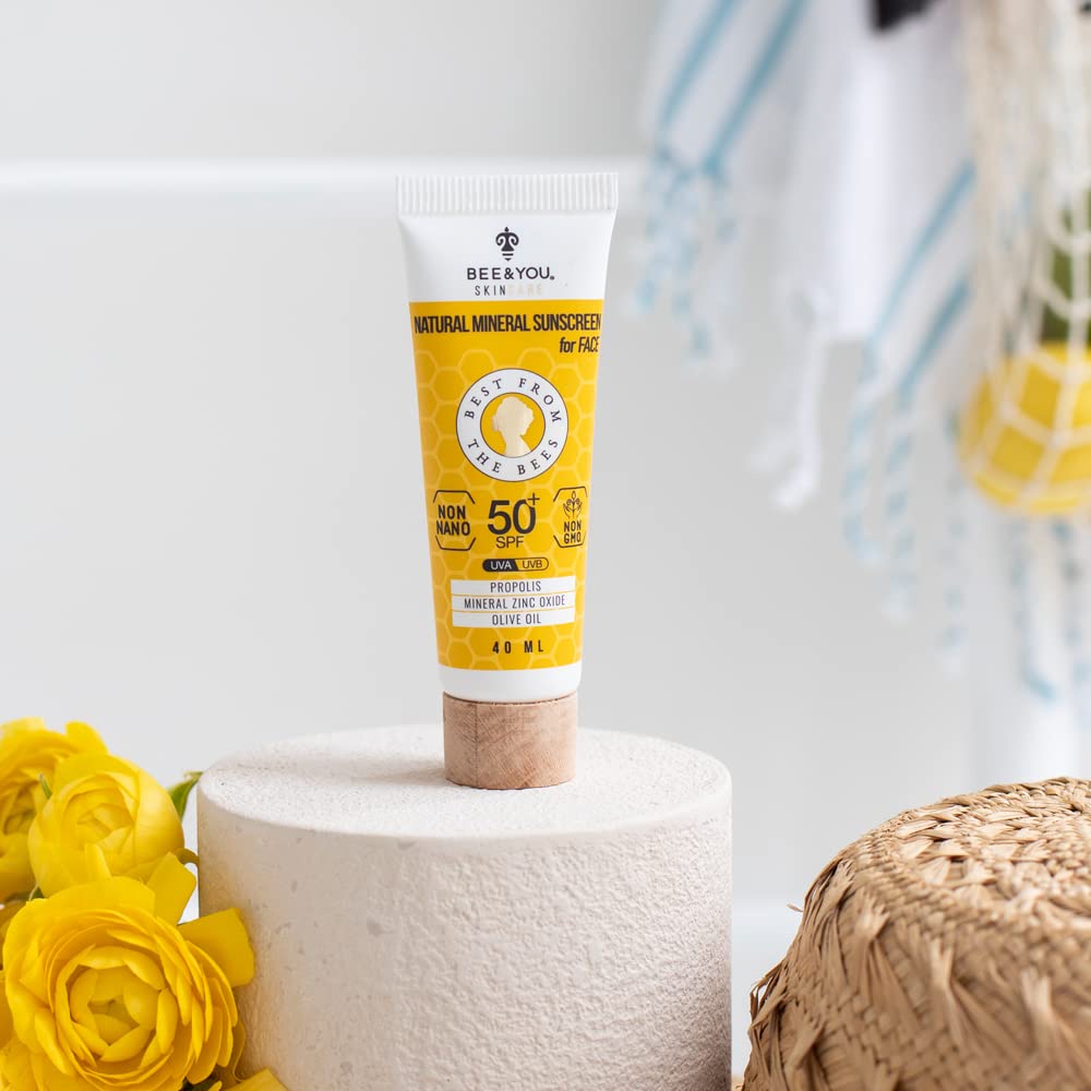 Bee and You SPF 50 Facial Sunscreen, UV Protection, Clear, Sensitive, Acne-Prone Skin, Mineral-Based Zinc Oxide, Propolis Extract, 100% Natural, Hypoallergenic, 1.35 oz