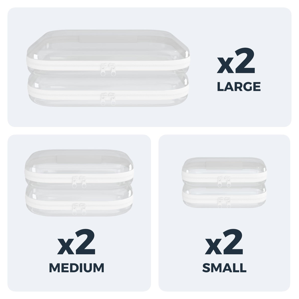 Extra Large 13.7" Heavy Duty Clear Hard Shell Zipper Case 6 Pack, 2x Large, 2x Medium, 2x Small, Clear Travel Makeup Case, Hard Plastic Travel Toiletry & Cosmetic Bag, Toy & Make Up Organizer Pouch