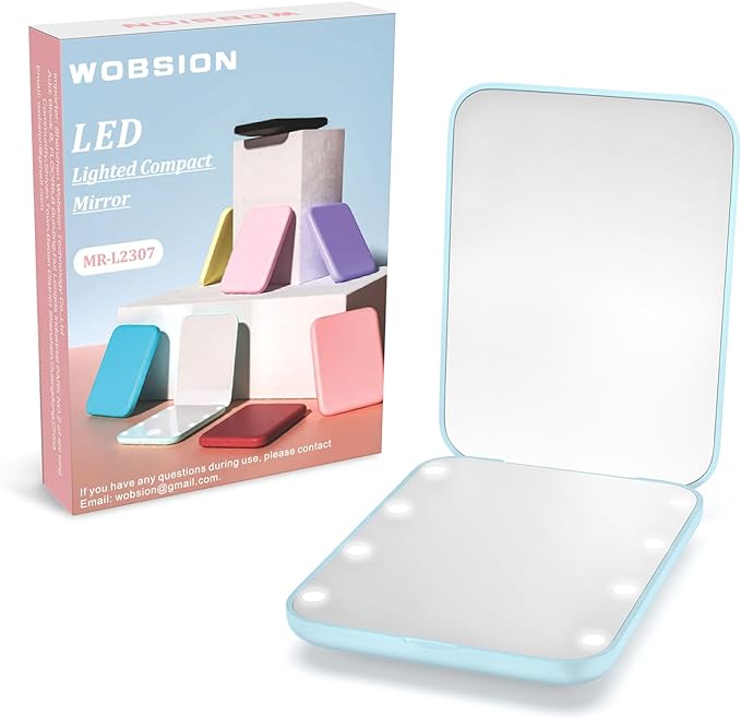 WOBSION Small Mirror with Lights,LED Compact Makeup Mirror,1x/3x Mini Travel Mirror with Magnification,Portable for Purse,Pocket,Gifts for Girls,Blue