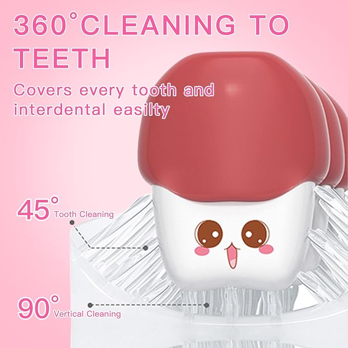 Kids Electric U Shaped Toothbrush Children Rechargeable Sonic Toothbrush with 4 Brush Heads Full Mouth 6 Cleaning Modes - (Age 2-7 Pink)