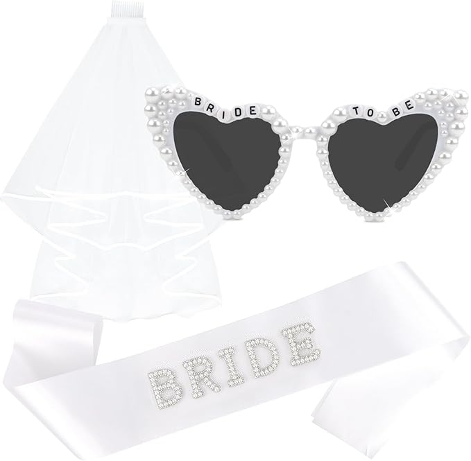 Bride to Be Set: Pearl-Trimmed Heart Sunglasses, Pearl BRIDE Sash & Tulle Veil - Bachelorette Party Bridal Accessories