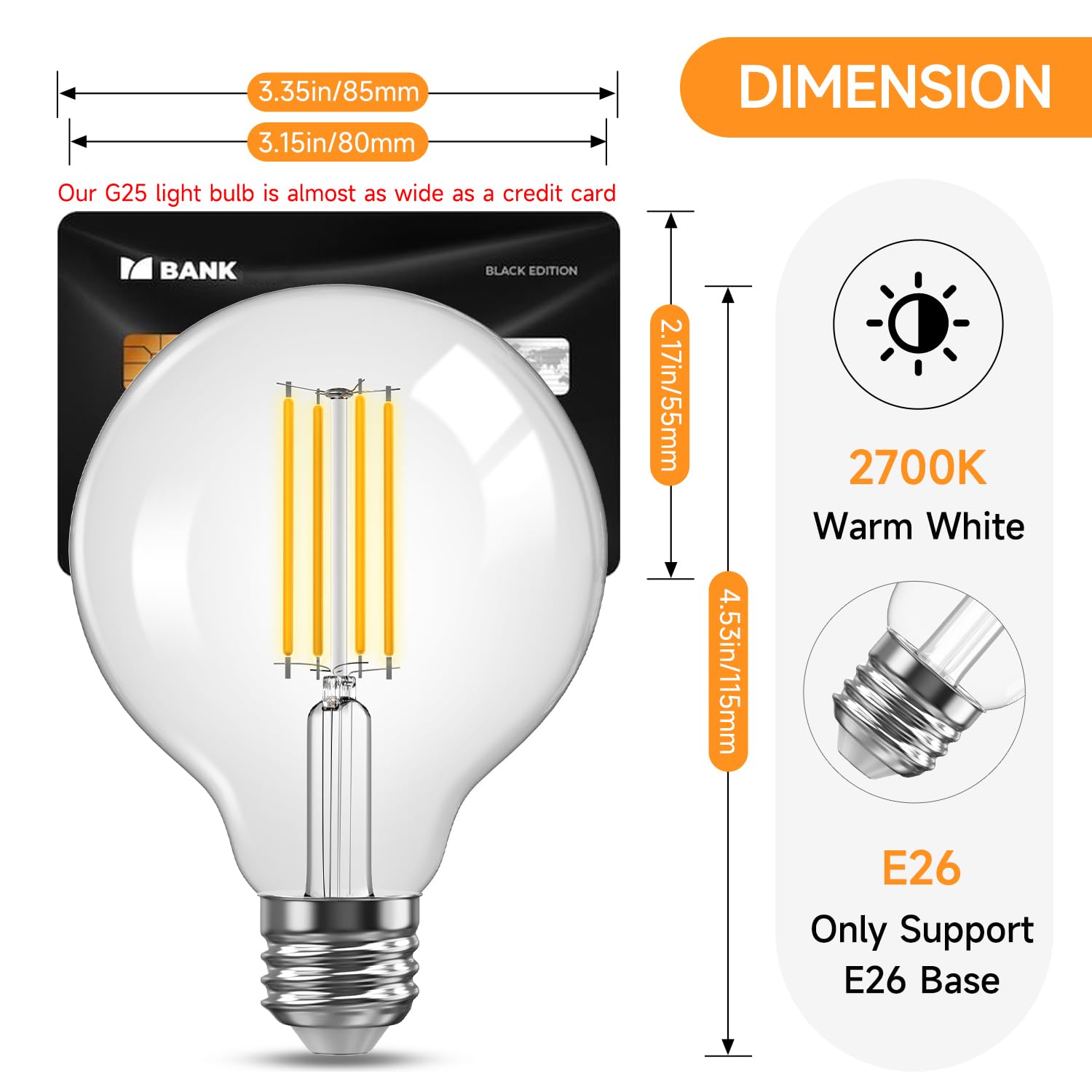 TJOY G25 Edison Globe Light Bulbs, LED Vanity Light Bulb for Bathroom, 60W Equivalent, 2700K Warm White, 500 Lumens, 5.5W, Dimmable, Clear Vintage Filament Globe, E26 Base, for Chandelier, 6 Pack