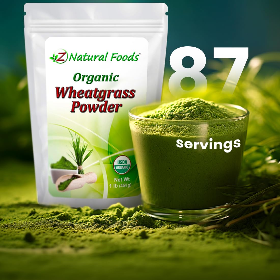 Z Natural Foods Organic Wheatgrass Powder, Green Superfood Powder for Smoothies, Juices, Shakes, and Recipes, Nutrient-Rich Powder, 100% Pure, Raw, Non-GMO, Vegan, Gluten-Free, 87 Servings, 1 lb