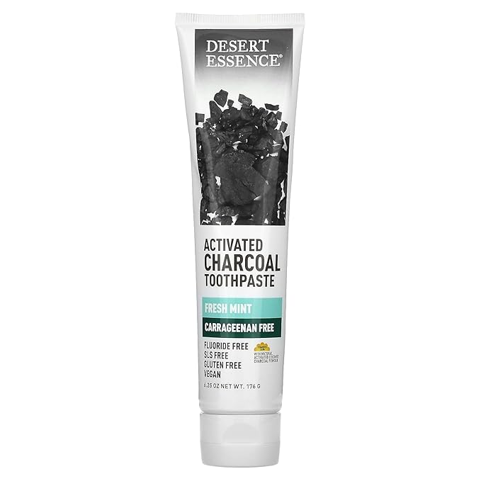 Desert Essence Activated Charcoal Toothpaste - Fluoride and Carrageenan Free - Brighter Teeth and Fresher Breath with Activated Coconut Shell Charcoal, Baking Soda, and Fresh Mint - 6.25 oz