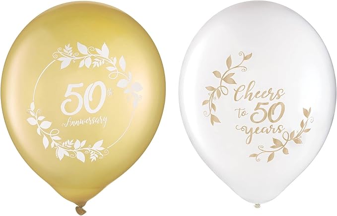 Happy Anniversary Latex Balloons (Pack Of 15) - 12" - Elegant Design, Perfect for Celebrations, Special Occasions, Events, Parties, & More, 50th, Gold & White