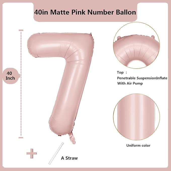 40 inch Pink Number Balloon Light Pink 7 Balloon Matte Pink Number 7 Balloon for 7th Birthday Party Decorations