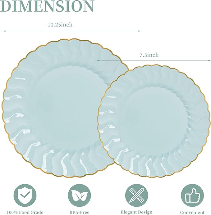 Lullaby 60PCS Sage Green Scalloped Plastic Plates with Gold Rim, Includes 30PCS Dinner Plate 10.25'' and 30 PCS Dessert Plate 7.5'', Green Disposable Plates for Party, Birthdays, Wedding and Daily Use