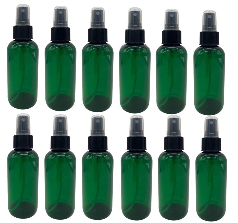 Natural Farms 4 oz Plastic Green Boston BPA FREE Bottles - 12 Pack Empty Refillable Containers - Essential Oils - Aromatherapy - Black Fine Mist Sprayers