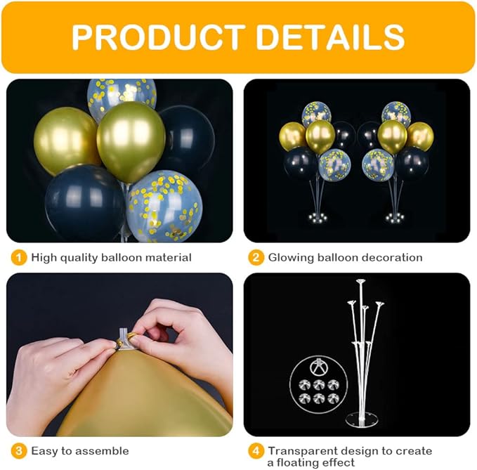Ainiv 2 Set Table Balloon Stand Kit with Lights, Light Up Balloon Holder Include 16 Black Gold Latex Confetti Balloons, Graduation Party Decorations for Birthday, Weddings, Anniversary, Christmas