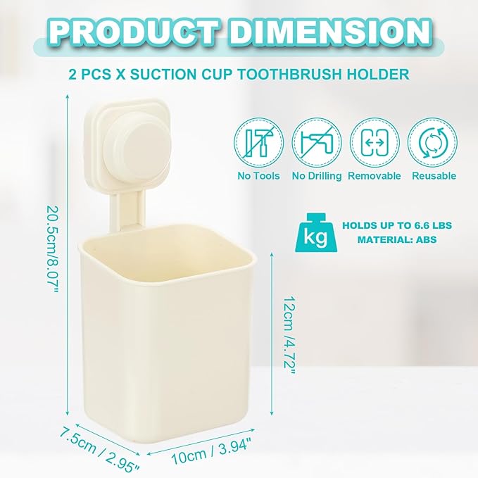 uxcell 2Pcs Suction Toothbrush Holder, 4" x 8" Wall Mounted Shower Caddy Organizer Cup for Tooth Brush, Toothpaste, Razors in Bathroom, Kitchen(Cream White)