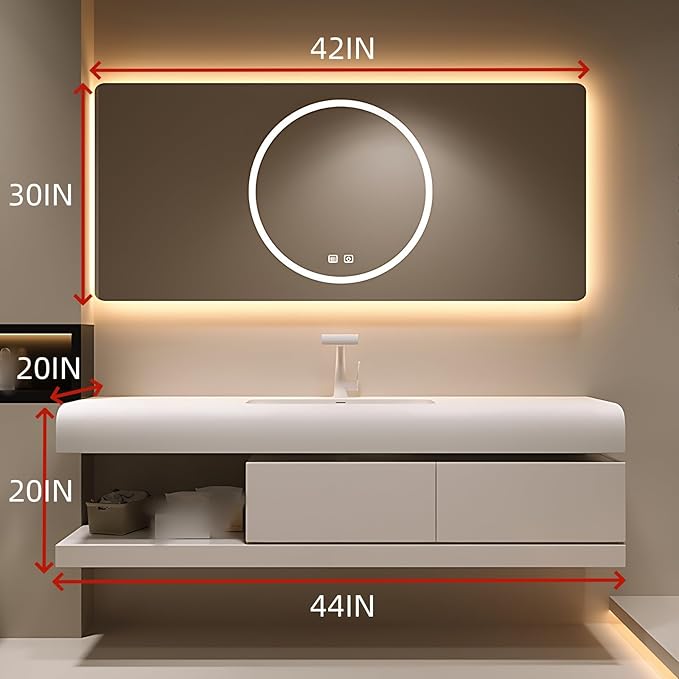 44IN Bathroom Vanity with Sink - Bathroom Cabinet Set has 2 Drawers & Overflow Hole Wall Mounted | LED Practical Defogging Mirror, Open Compartments, Seamless Rock Slab Basin (Cream White)