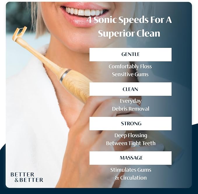 Better & Better Bamboo Sonic Electric Flosser for Teeth | Electric Dental Flosser for Sensitive Gums & Deep Cleaning w/ 4 Flossing Modes | Rechargeable, Dentist Recommended & Water Floss Alternative