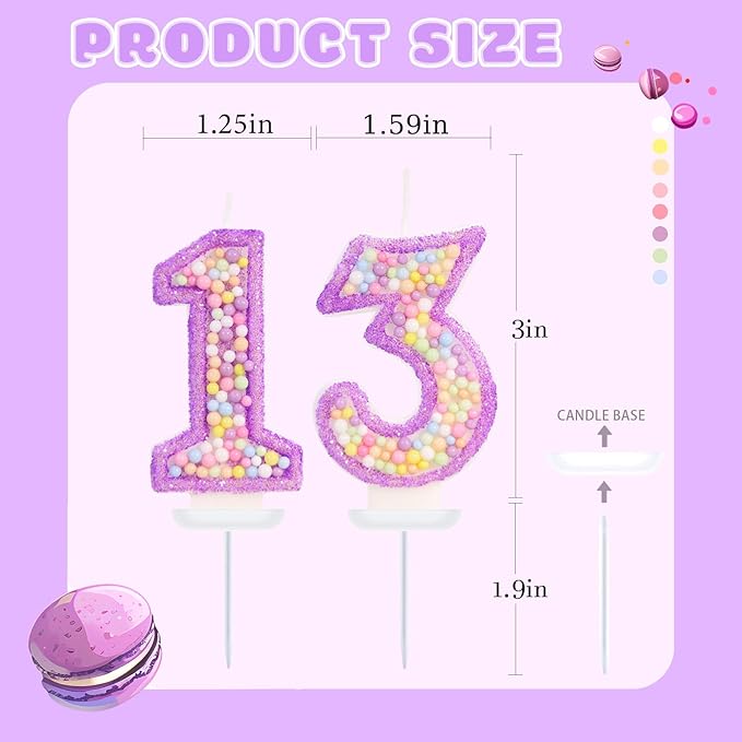Purple Birthday Candles - Number 13 Candle, Colorful Macaron Candles, 13 Birthday Decorations for Girls, Purple Cake Decorations, Theme Party Supplies