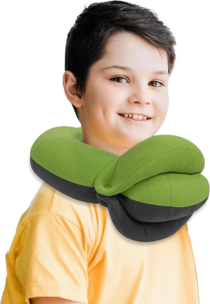 BUYUE Kids Travel Pillows for Airplane, 360° Head Support Sleeping Essentials for Boys Long Flight, Skin-Friendly Soft Neck Pillow for Traveling in Car Seat, (Small, Green Grey, 40-90 lbs)