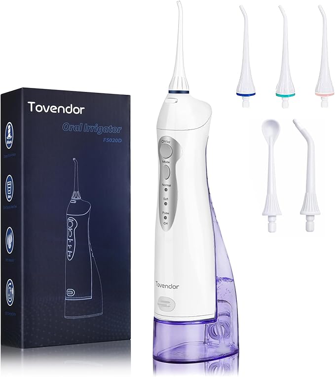 TOVENDOR Electric Water Dental Flosser Teeth Pick, Cordless Flossers Oral Irrigator IPX7 Waterproof 300ML Rechargeable Travel Water Teeth Cleaner with 5 Tips for Home Braces Care Gums Deep Cleaning