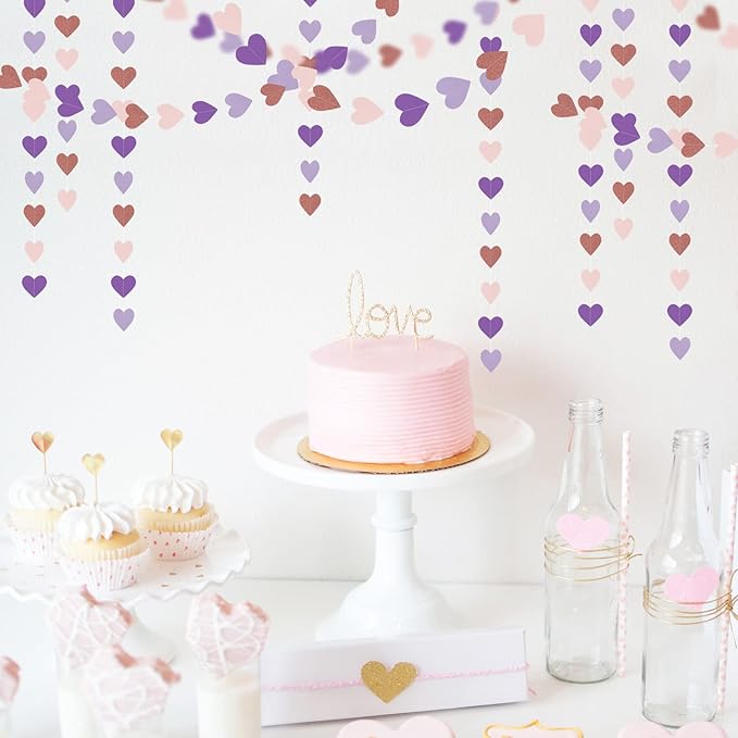 Rose-Gold Pink-Purple Party-Decorations Heart Garland - 52Ft Streamers Baby Shower Decorations Girl Women Birthday Hanging Paper Banner,Valentines Day Wedding Engagement Decor Lasting Surprise