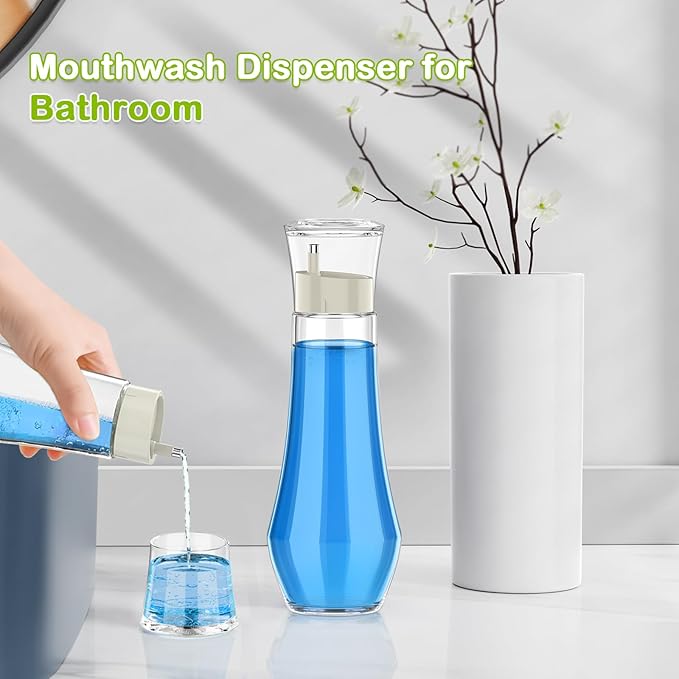 Glass Mouthwash Dispenser for Bathroom, 8.8 oz Refillable Mouthwash Container With Lid Cup, Small Clear Mouthwash Bottle for Countertop