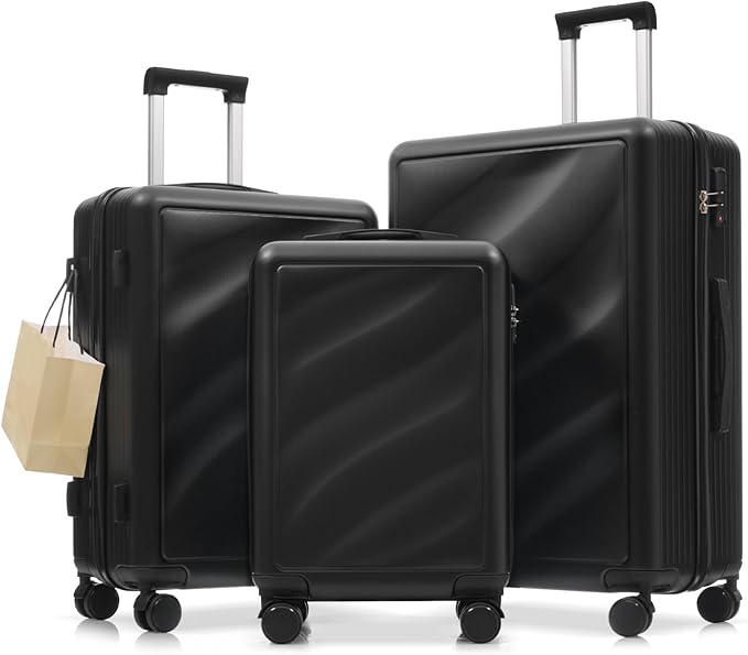 Hardside Luggage Sets, Lightweight Wave Suitcase with Spinner Wheels, Black Wavy Lines