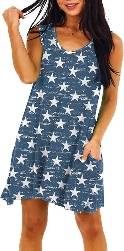 Deerose Women 4th of July Sleeeveless Dress Patriotic V Neck Tank Dresses with Pockets
