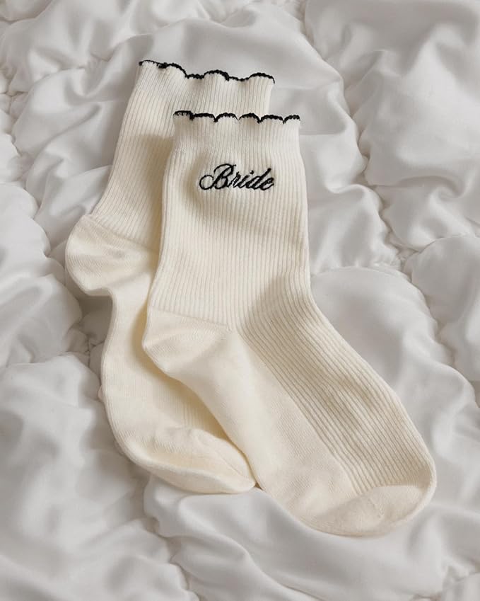 xo, Fetti Bride Ruffle Socks | Bachelorette Party, Bridal Shower Gift, Bride to Be, Wedding, Engagement, White Socks, Black Embroidery, Girly