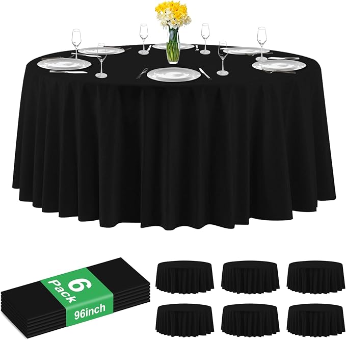 6 Pack Premium Black Plastic Table Cloth -96 Inch Round Tablecloth, Disposable Tablecloth Plastic Table Cover for Parties (6, Black, 96" Round)