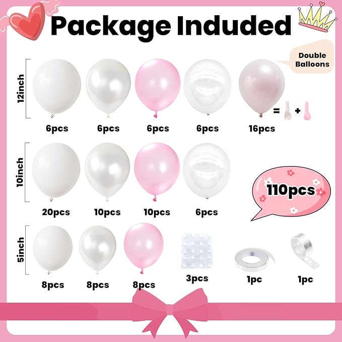 FunHot Pink White Balloon Arch Kit, Pink Balloon Garland, Double Stuffed Pearl Pink Matte White Balloons Large Clear Balloons for Girls Baby Shower Wedding Bridal Shower Birthday Party Decoration