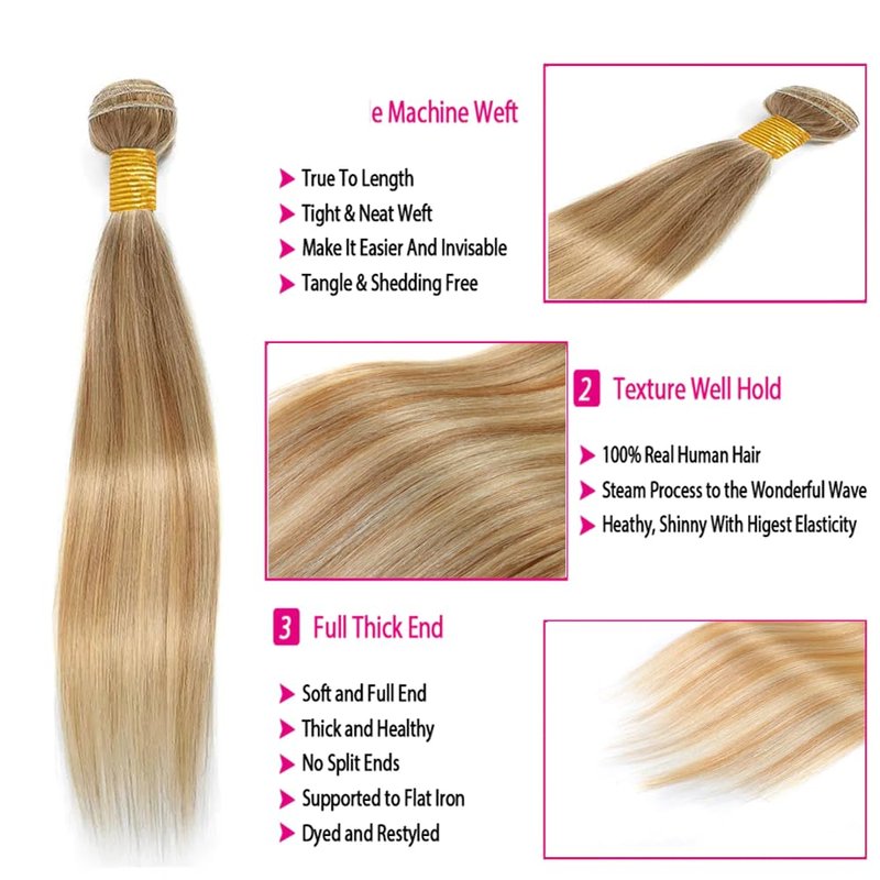 Blonde Human Hair Bundles P27/613 Straight Human Hair Bundles Brazilian Virgin Remy Hair Extensions Double Weft P27/613 Honey Blonde Straight Bundle 8 10 12 inch