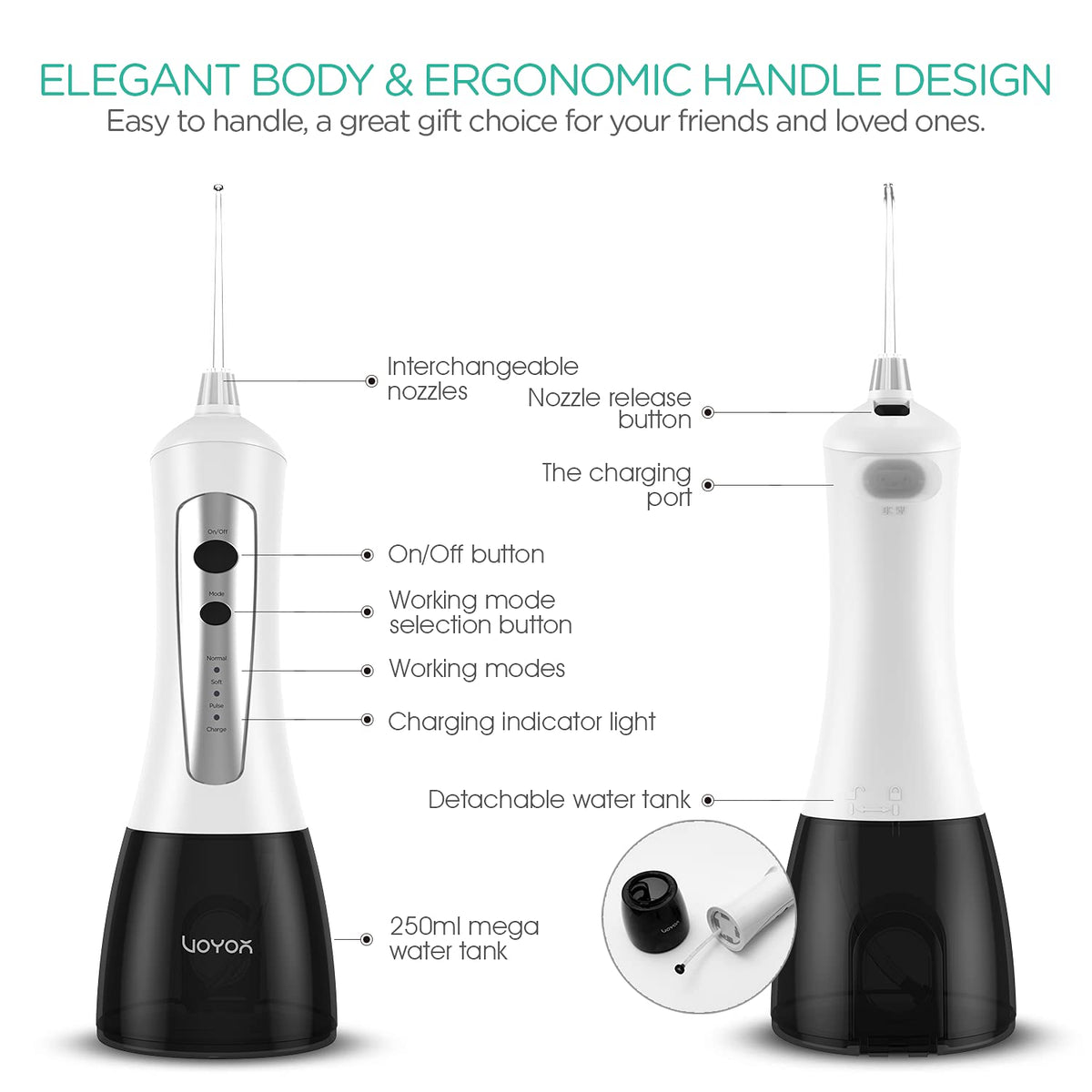 VOYOR Water Flosser Oral Irrigator Cordless Rechargeable Dental Water Jet Flosser with 3 Working Modes, IPX7 Waterproof for Teeth, Brace, Bridges Care WF200 (Gray)