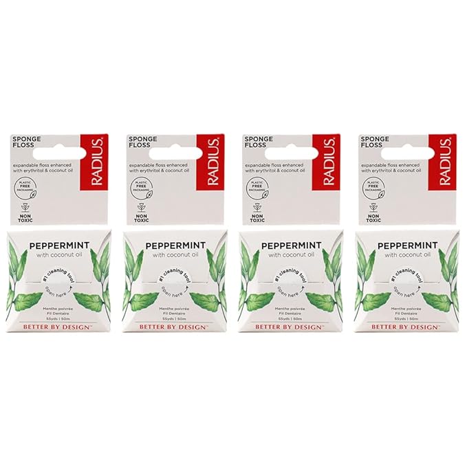 Radius Peppermint Dental Floss 55 Yards Vegan & Non-Toxic Oral Care Boost & Designed to Help Fight Plaque Clear - Pack of 4