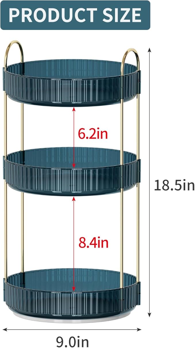360 Rotating Makeup Organizer for Vanity, Bathroom Countertop Organizer Spinning Perfume Organizer, High-Capacity Cosmetic and Skincare Dresser Make Up Holder Rack (3 Tiers, Blue)