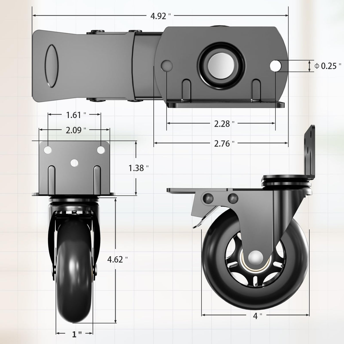 Side Mount Plate Caster Wheels - Thickened L-Shaped Mounting ，Heavy Duty 1600 LBS，Set of 4 with Brake，360° Swivel，Locking，Castor Wheels for Furniture，Carts，Cabinet，Table (Black, 4inchs)