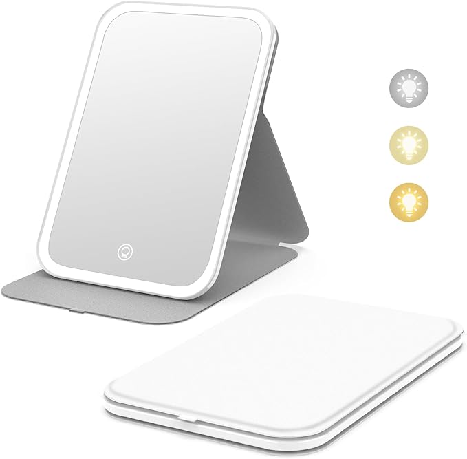 Kintion Travel Makeup Mirror, Portable LED Lighted Makeup Mirror, 360° Rotation Touch Screen Vanity Mirror, 60 LEDs, 3-Color Dimmable Lighting, Rechargeable Tabletop Folding Cosmetic Mirror, White