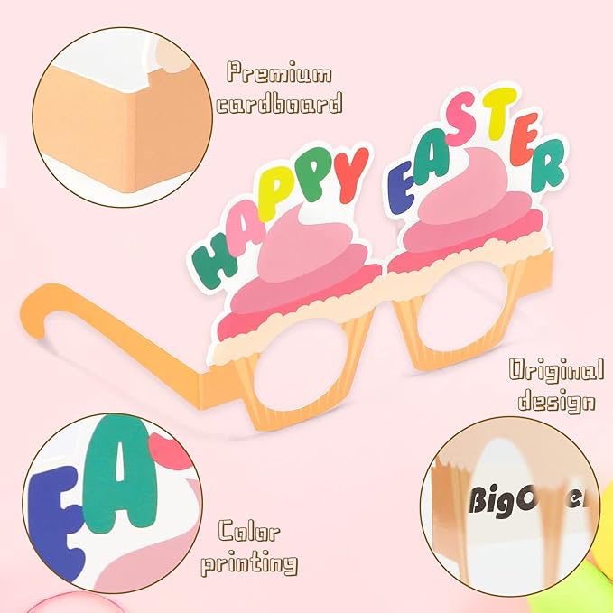 BigOtters 12PCS Easter Party Glasses, Funny Bunny Ears Paper Glasses for Kids Easter Party Favors Basket Stuffers Decorations Supplies