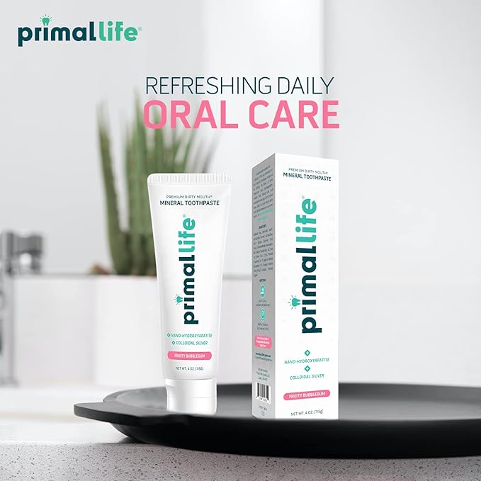 Primal Life Organics Premium Dirty Mouth Mineral Toothpaste - Nano-Hydroxyapatite, Colloidal Silver, Charcoal - Organic, All Natural Whitening Formula (Bubblegum Flavor, 4oz)