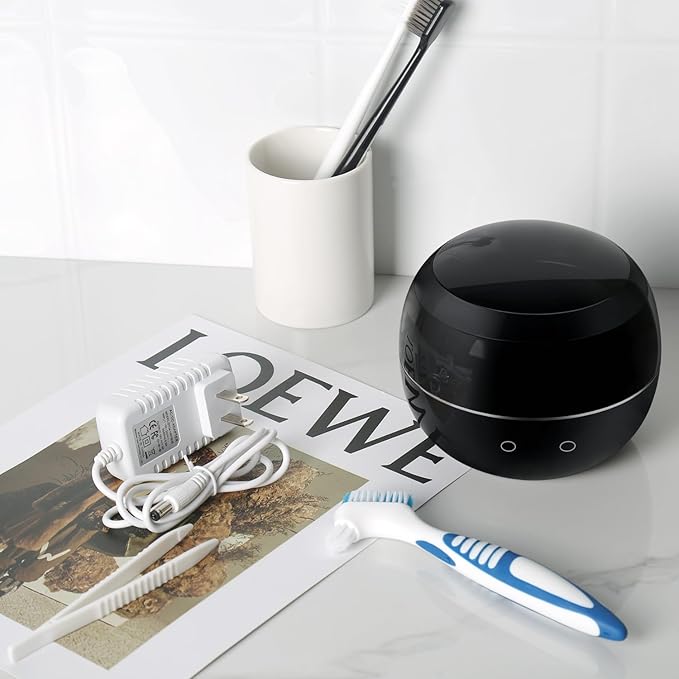 Dental Ultrasonic Retainer Cleaner Machine: 45kHz Dental Cleaning Pod for Denture, Aligner, Mouth Guard, Night Guard, Braces & Jewelry, UV Denture Cleaner with Digital Timer & Dual Mode 250ML Black