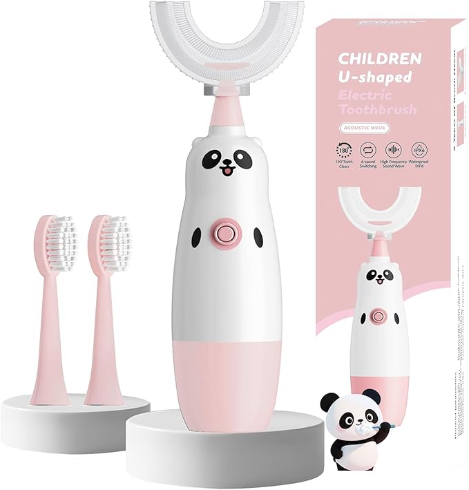 Kids U-Shaped Electric Toothbrush with 2 Brush Heads, Toddlers Sonic with 360 Degree Cleaning, Soft Bristles, Battery Included, IPX7 Waterproof, Cute cartoon for Girls and Boys, Ages 2-7 (Pink)