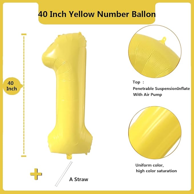 40 inch Yellow Number Balloon Giant Foil Helium Balloons Number 1 Balloon for 1st Birthday Party Decorations