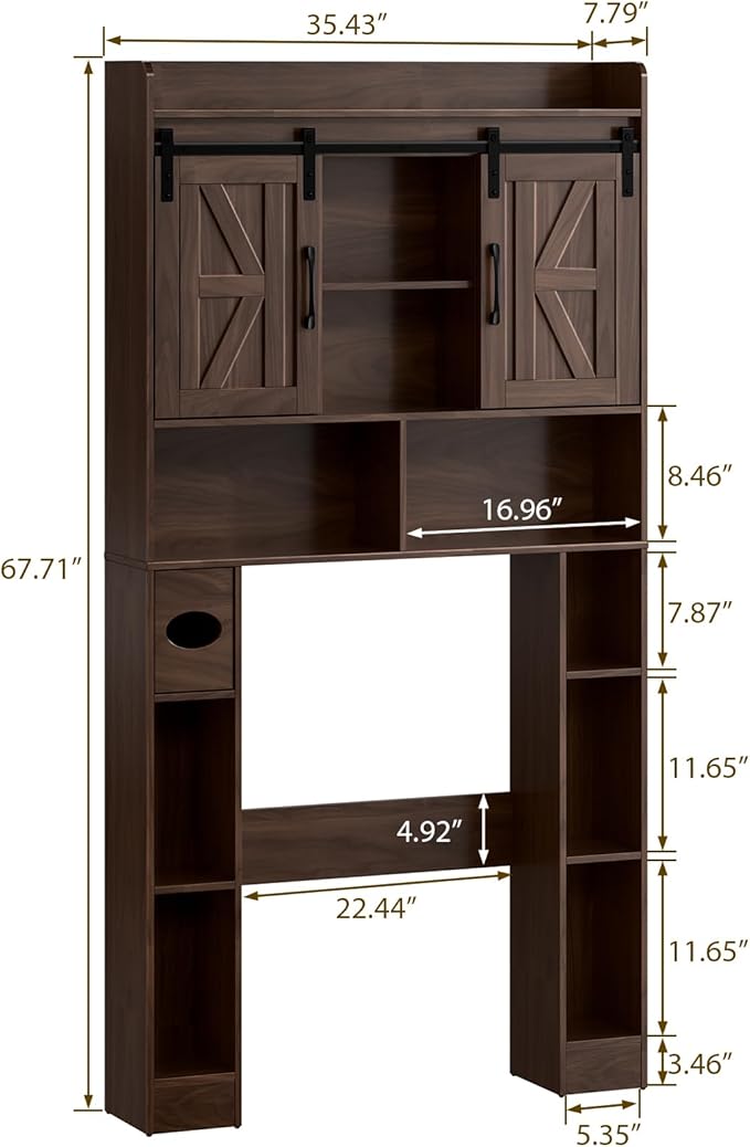 Farmhouse Storage Cabinet Over Toilet with Sliding Doors，Over The Toilet Storage Cabinet, Home Space-Saving Toilet Rack, for Bathroom, Restroom, Laundry.Espresso
