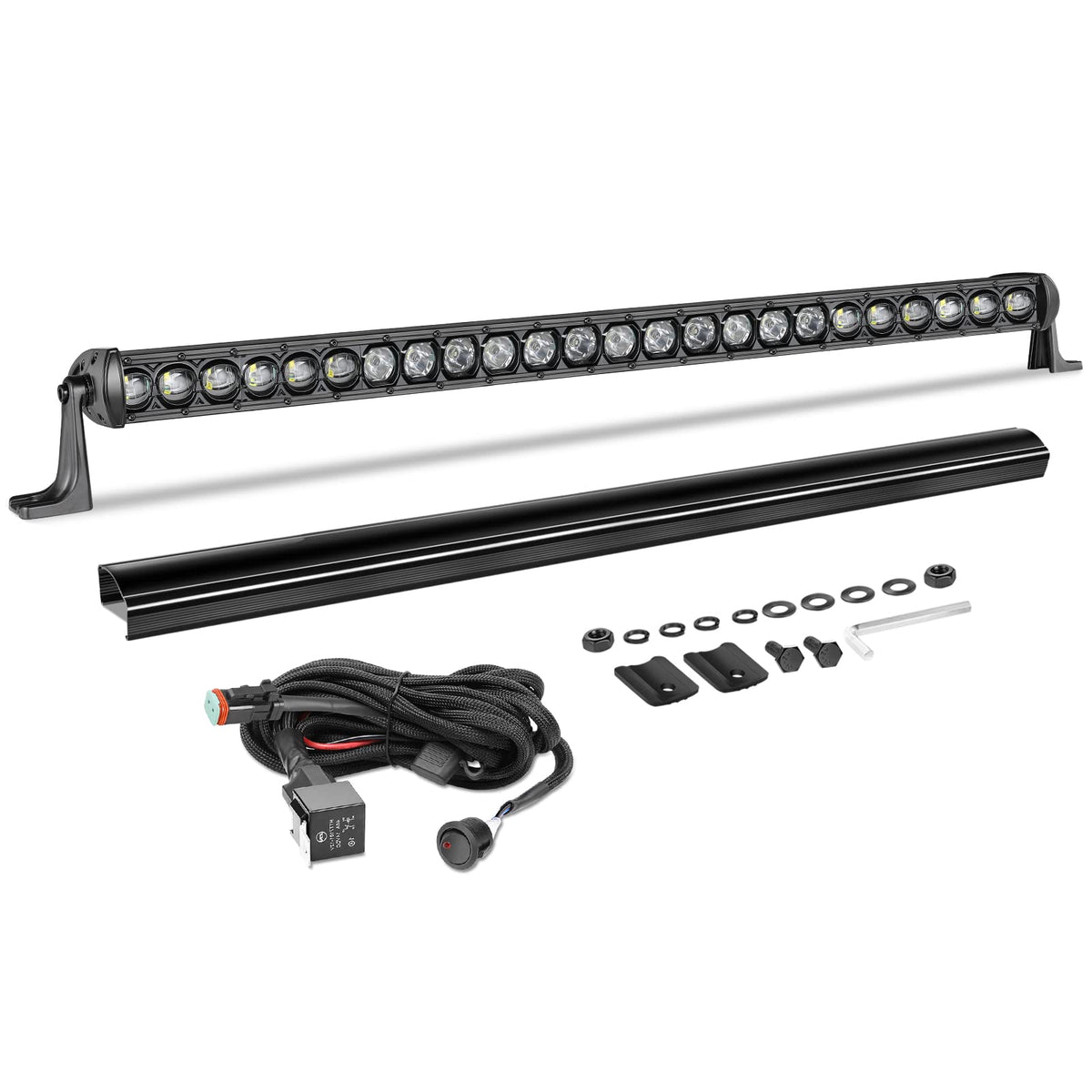 30 Inch Light Bar Kit, AKD Part 168W OSRAM LED Slim Single Row LED Light Bar w/Wiring Harness Black Cover Spot Flood Combo Offro