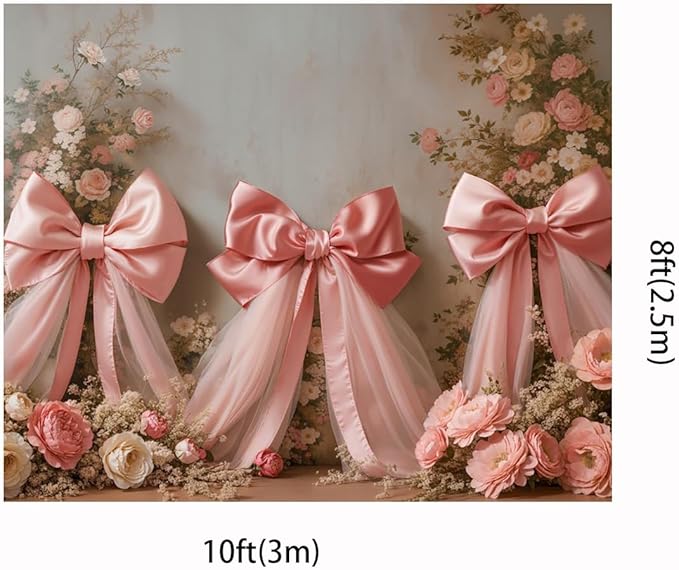 Kate 10x8ft Elegant Pink Floral Cute Bow Backdrops for Photography Romantic Wedding Background Happy Birthday Party Pricess Decoration Backdrop