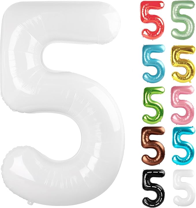 White Number 5 Balloon 40 Inch, 5 Balloon Number, 5th Birthday Decorations, White Party Supplies for Boys Girls