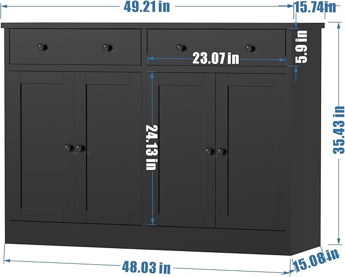 49" Black Buffet Cabinet with Doors & Drawers, Modern Kitchen Storage Sideboard, Coffee Bar Console for Dining Room, Living Room, Entryway