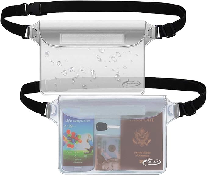 AiRunTech Waterproof Pouch with Waist Strap (2 Pack) | Beach Accessories Best Way to Keep Your Phone and Valuables Safe and Dry | Perfect for Boating Swimming Snorkeling Kayaking Beach Pool Water Park