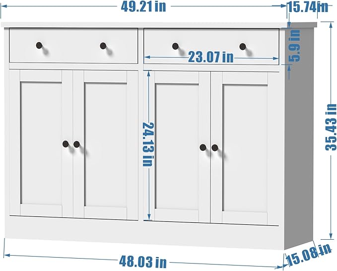 49" White Buffet Cabinet with Doors & Drawers, Modern Kitchen Storage Sideboard, Coffee Bar Console for Dining Room, Living Room, Entryway